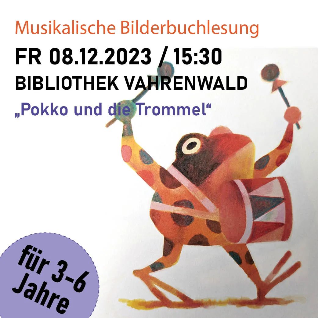 🎬 Musikalisches Bilderbuchkino
📆 FR 08.12.2023 / 15:30 Uhr
📍 Bibliothek Vahrenwald
Wir lesen "Pokko und die Trommel" von Matthew Forsythe (2019). Die Kinder rasseln mit Schütteleiern, tröten auf Flöten und trommeln was das Zeug hält. Heute ist das okay, denn wir sind eine Band und eine Band macht eben laute Musik.
🥁 Eine musikalische Bilderbuchlesung für Kinder ab 3 Jahren und ihre Erwachsenen.
#pokkounddietrommel #makingmusic #band #musikalischefrüherziehung #pauke